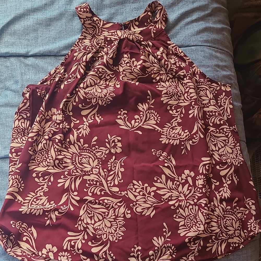 Floral Sleeveless Top - Burgundy and Cream